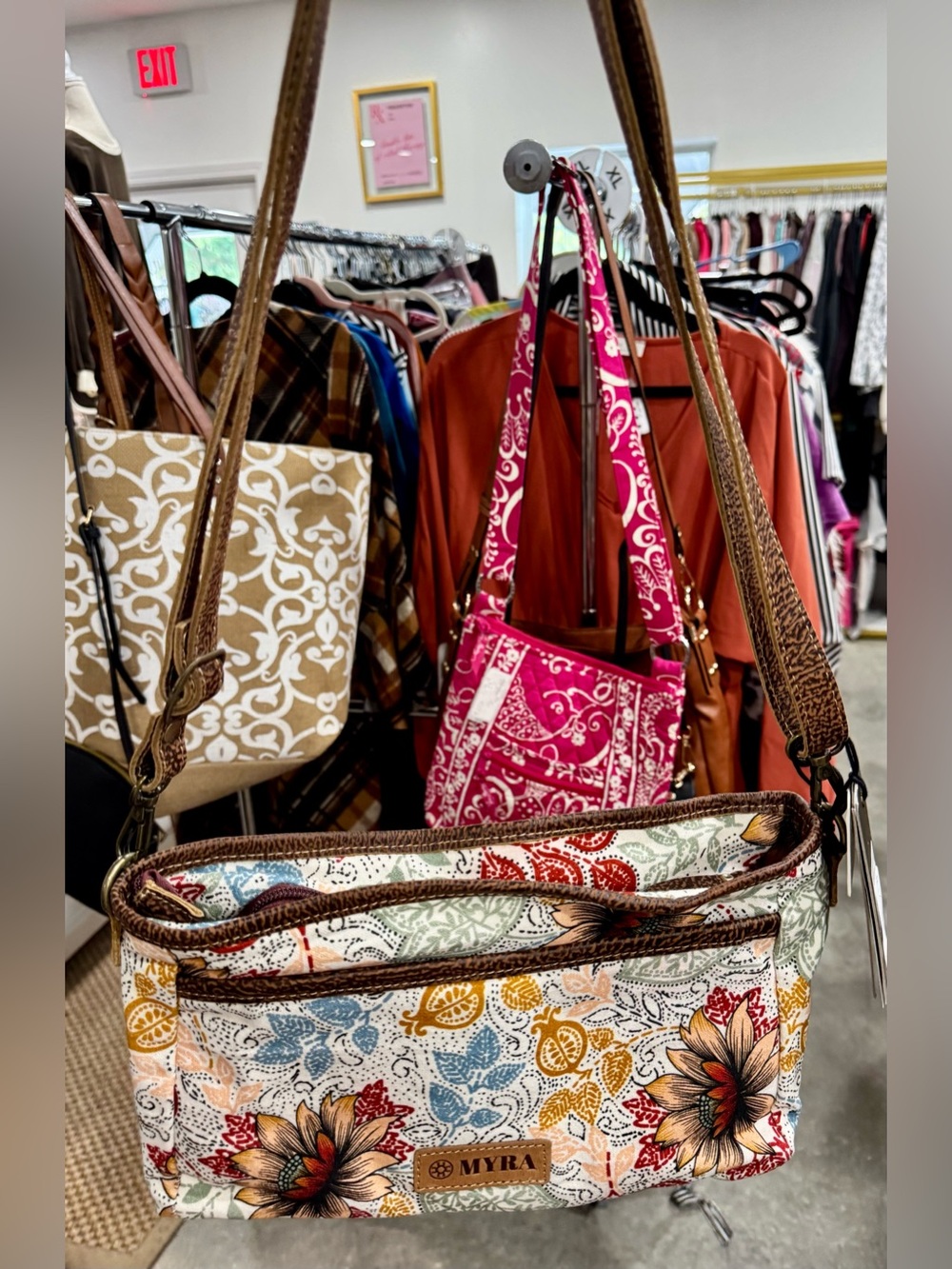 Myra Bag Floral Patchwork Shoulder Bag in Cream, Brown & Blue Accents